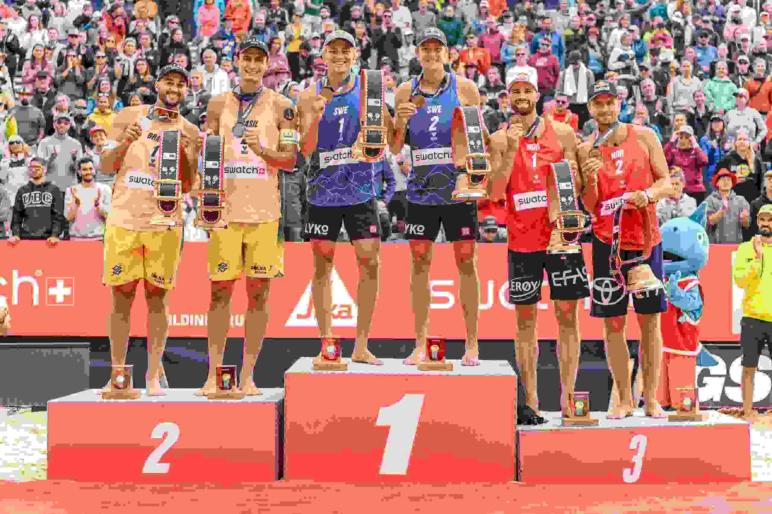 Ahman Hellvig, George Andre, Mol Sorum, Podium, Swatch Beach Pro Gstaad 2024, cowbells, medals, cheer